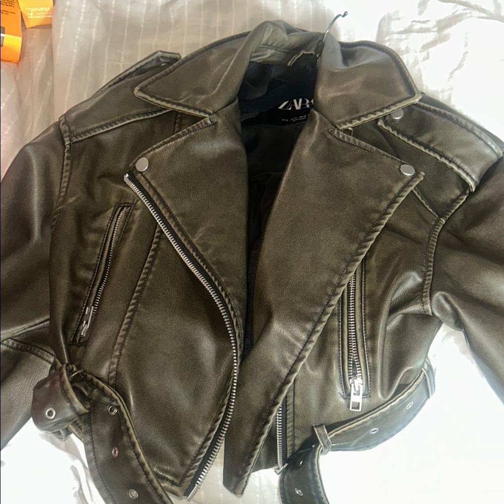 Zara Khaki Leather Biker Jacket for Women